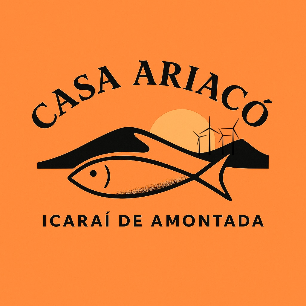 The logo of Casa Ariacó features a stylized fish against a backdrop of mountains and a setting sun. The design is complemented by wind turbines, emphasizing a connection to nature. The overall color scheme is vibrant orange, creating a striking visual identity.