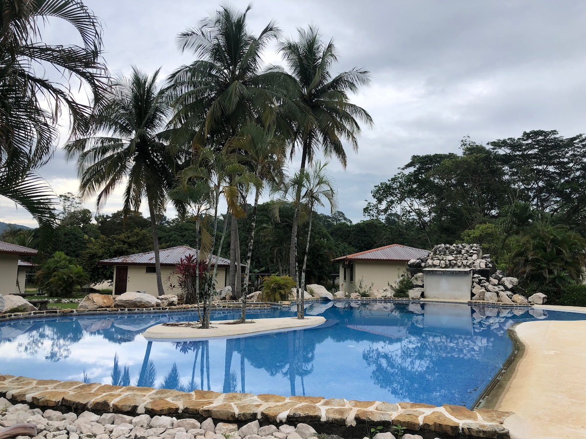 A serene pool area is surrounded by lush palm trees and tropical vegetation. The large pool reflects the cloudy sky, with a small island feature in the center. Two charming cottages are visible in the background, situated among the greenery.