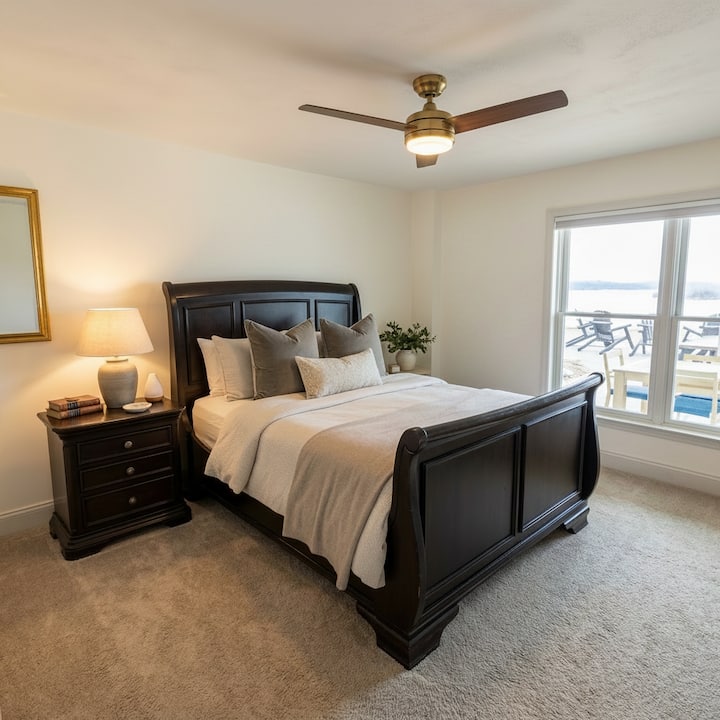 Guest bedroom #3 (queen) located downstairs first floor, with lake views