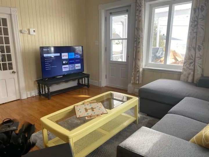 Roku TV, living room overlooking the river, comfortable sofa bed for watching movies and relaxing with a good fire