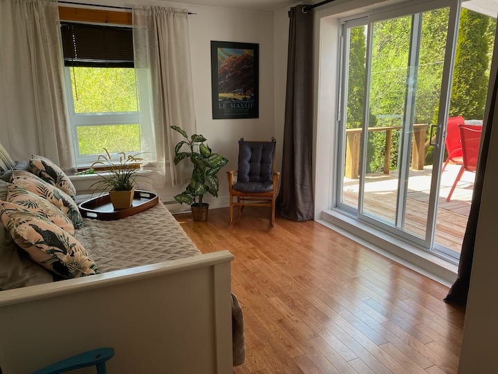 This room offers you a comfortable daybed for your relaxing moments. Open the patio door to enjoy the sound of the waterfall at the back of the backyard!