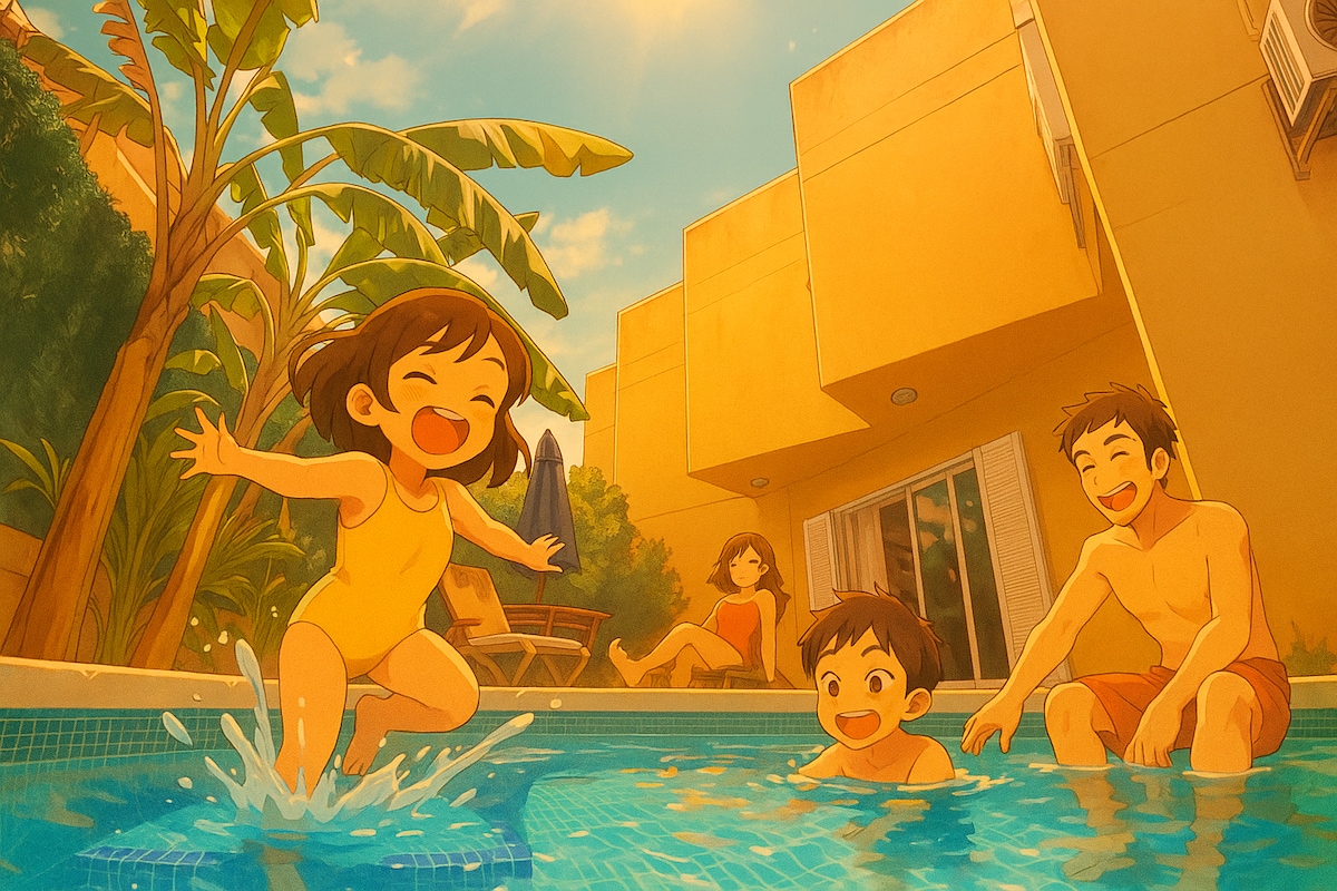A lively pool area is depicted, featuring a child joyfully splashing water while another child swims nearby. Sunlight filters through palm leaves, casting playful shadows over the pool. Comfortable lounge chairs are positioned around the edge, creating a welcoming environment for relaxation.