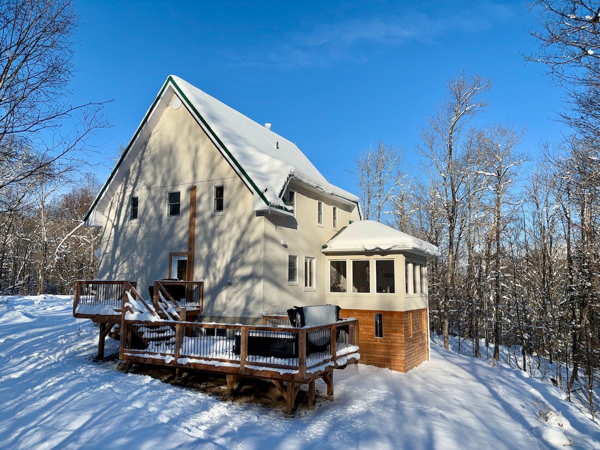 The chalet exterior is captured in a winter landscape, featuring snow-covered surfaces and tall trees. A spacious deck with wooden railings is visible, along with a gazebo structure. Large windows illuminate the back facade, showcasing the inviting design of the home.