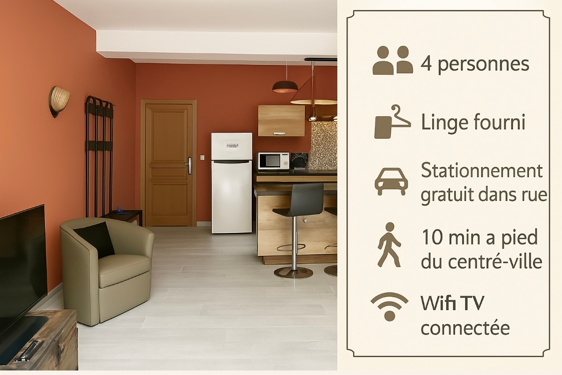A welcoming living space features a comfortable armchair and a flat-screen TV. The kitchen area is equipped with modern appliances, including a refrigerator. An orange accent wall adds warmth to the room. Natural light floods through nearby windows, enhancing the inviting atmosphere.