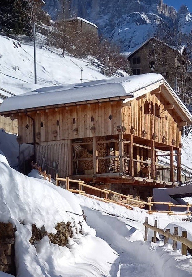 The wooden chalet features a sloped roof and a spacious deck, surrounded by snow-covered terrain. The structure showcases rustic design elements, including wooden beams and decorative details. Nearby trees and distant mountains create a serene alpine backdrop.
