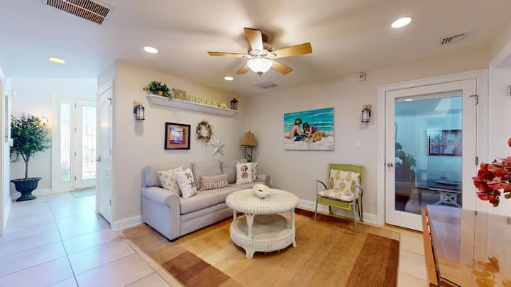 1st Floor family room with queen sofa bed, TV, kitchenette and elevator access.
