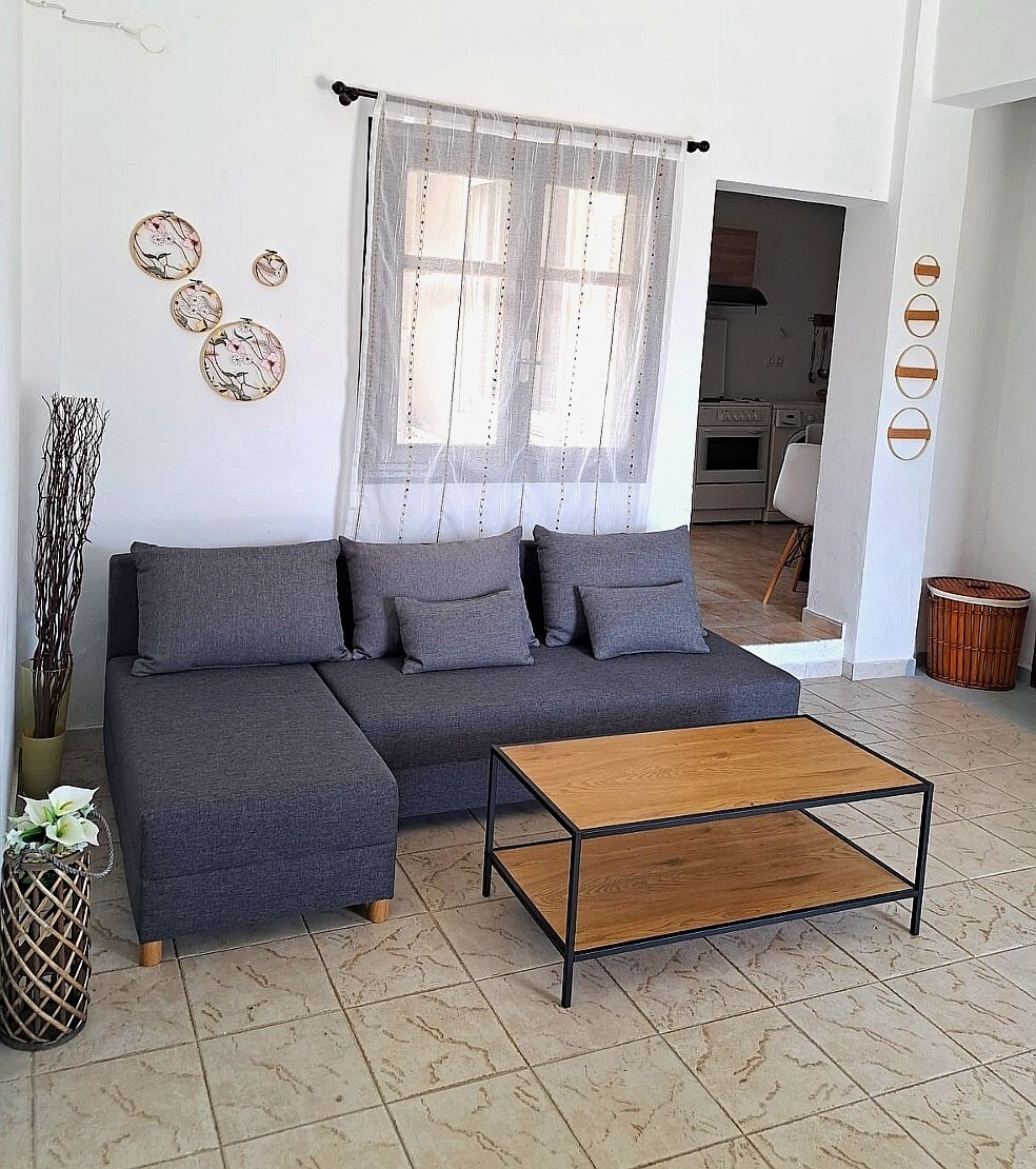 A modern living area features a gray sectional sofa adorned with soft cushions. A rectangular wooden coffee table sits in front, complemented by decorative wall plates and a tall vase with faux plants. Natural light filters in through a nearby window, enhancing the space.