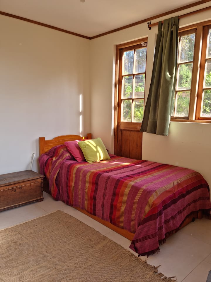 Стая с разтегателно легло и сгъваем фотьойл. 

Общо за трима души. 

Просторна стая. 