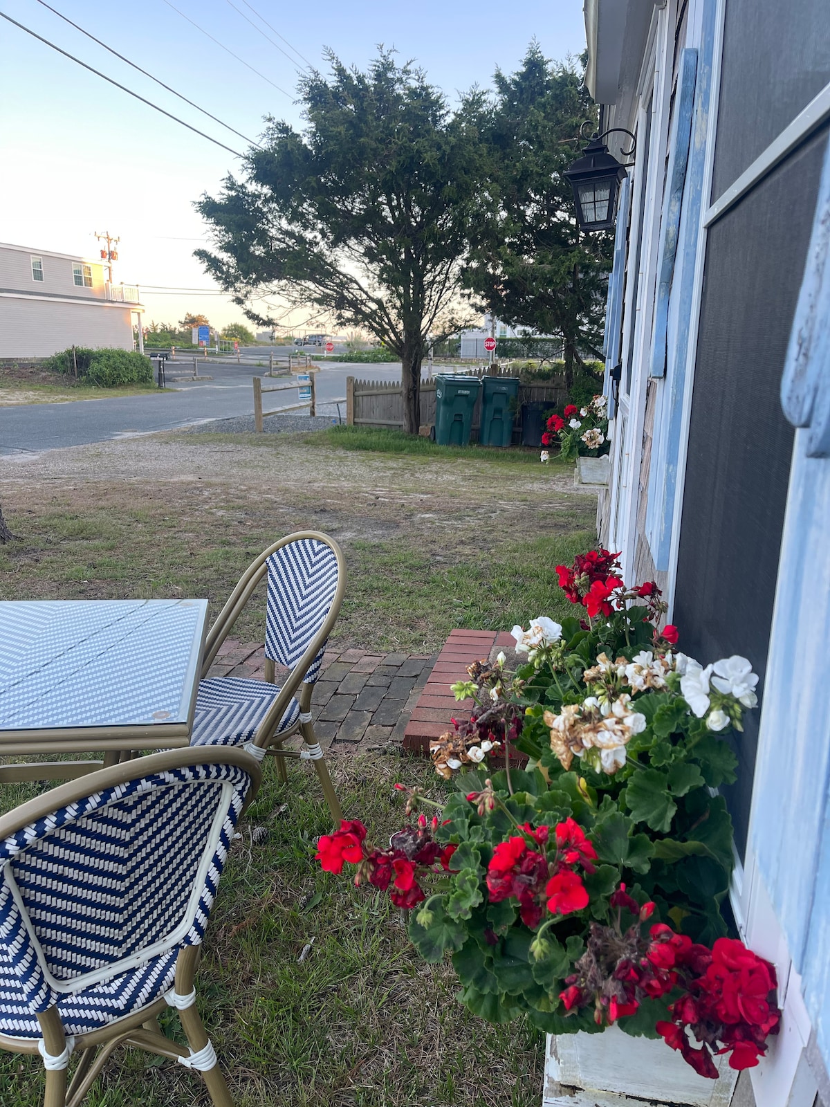 A small outdoor seating area features a round table accompanied by two chairs. Bright red and white flowers are planted in a box below the window, adding a pop of color. Lush green shrubs and trees are seen, with a glimpse of the street and bins in the background.