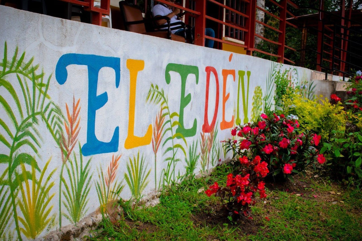 A vibrant mural featuring the word 'El Edén' is displayed on a concrete wall. Surrounding greenery and colorful flowers, including bright red blooms, enhance the natural setting. The artwork is complemented by a well-maintained lawn area, creating a welcoming outdoor space.