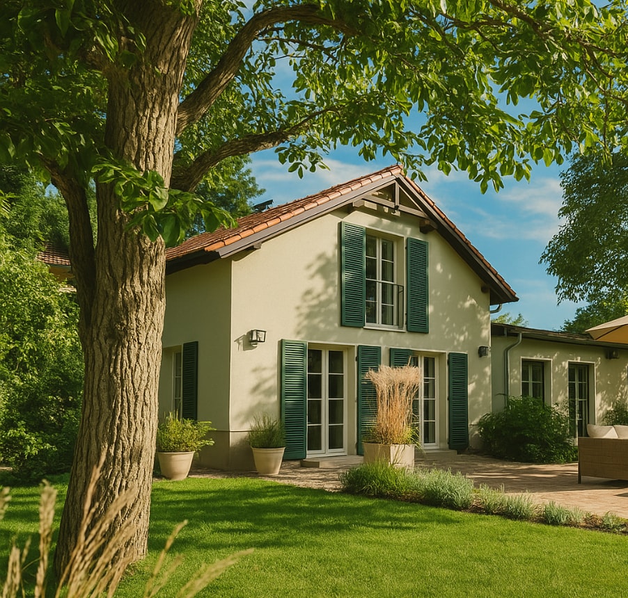 The exterior of the cottage is showcased under a clear sky, featuring a light-colored façade with dark green shutters. A landscaped garden surrounds the house, with carefully arranged planters and lush greenery visible in the foreground.