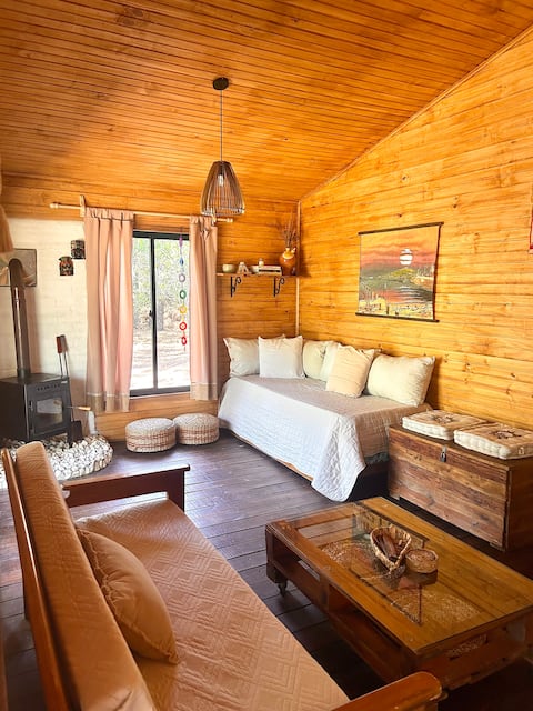 Cabin in the woods with a wood-burning stove and a wood-burning stove.