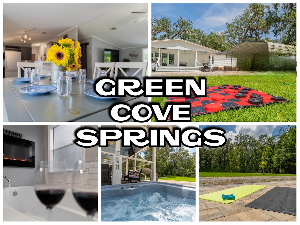 A dining table is set with sunflowers and glasses, inviting gatherings. A cozy living area features a wine setup with glasses. A hot tub with a view is shown, alongside a relaxing backyard with a checkers set and yoga mat on the grass, providing ample outdoor space.