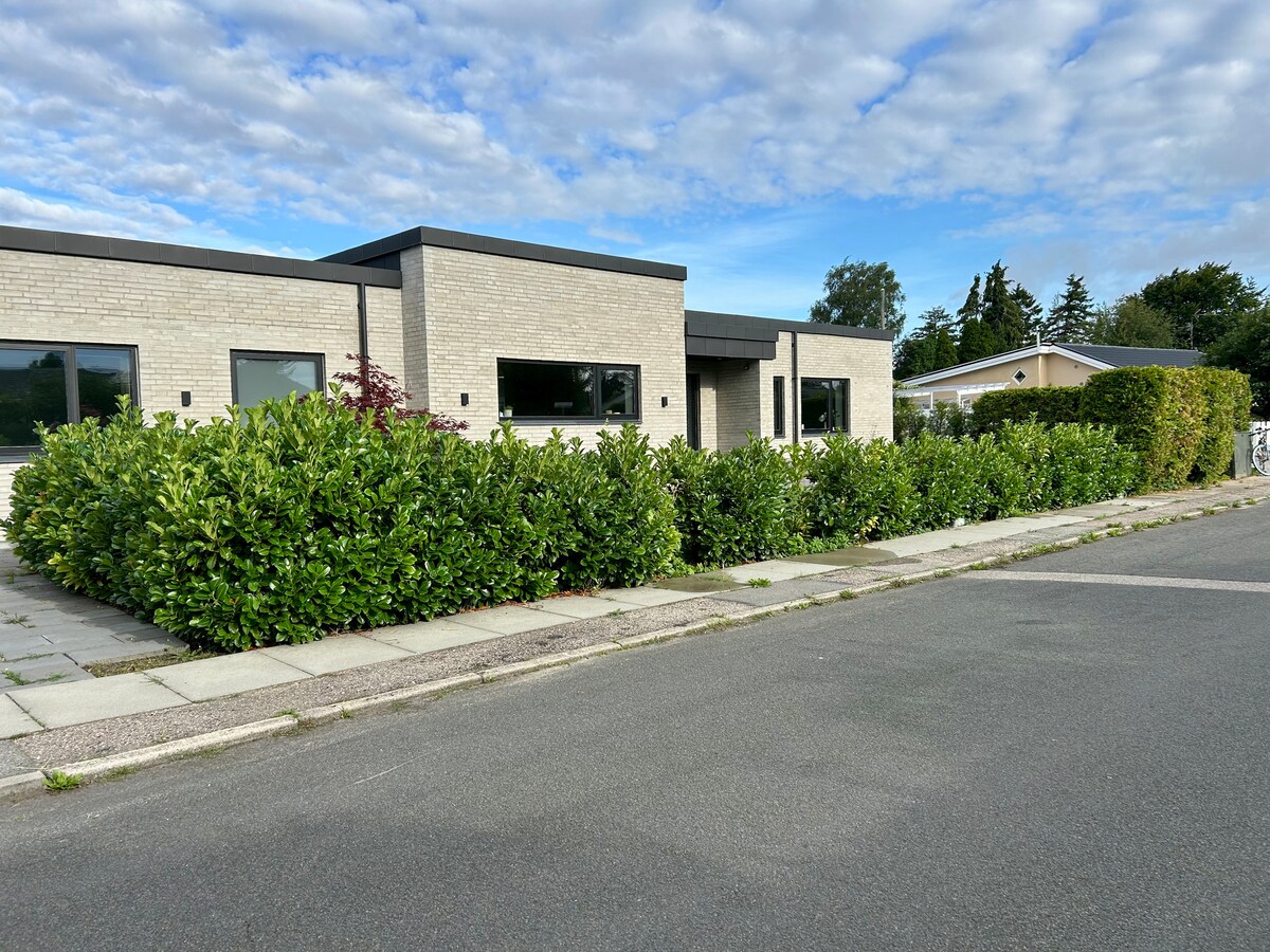 A modern house with a light brick facade is set back from the street, surrounded by well-maintained lush greenery. The building features large windows that provide a glimpse of the interior, while a paved walkway leads up to the entrance.