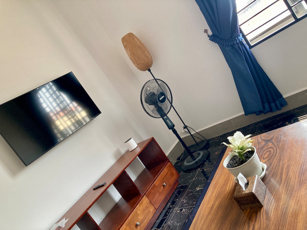 The living room features a wall-mounted Samsung Smart TV and a stylish wooden coffee table with a potted plant. A floor fan stands nearby, and a blue curtain gently filters the light from the window, creating a calm atmosphere.