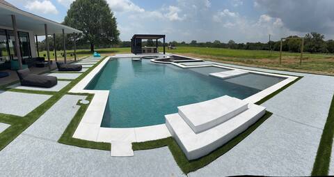 100 acres with: pool, river, fishing