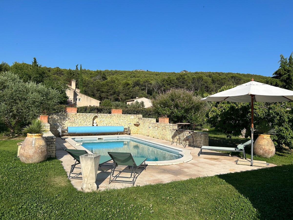 A serene outdoor space features a shared swimming pool surrounded by lush greenery. A few lounge chairs and a shaded umbrella provide comfortable seating options. The backdrop includes a stone wall and trees, contributing to a peaceful retreat atmosphere. A gentle slope leads to distant hills.