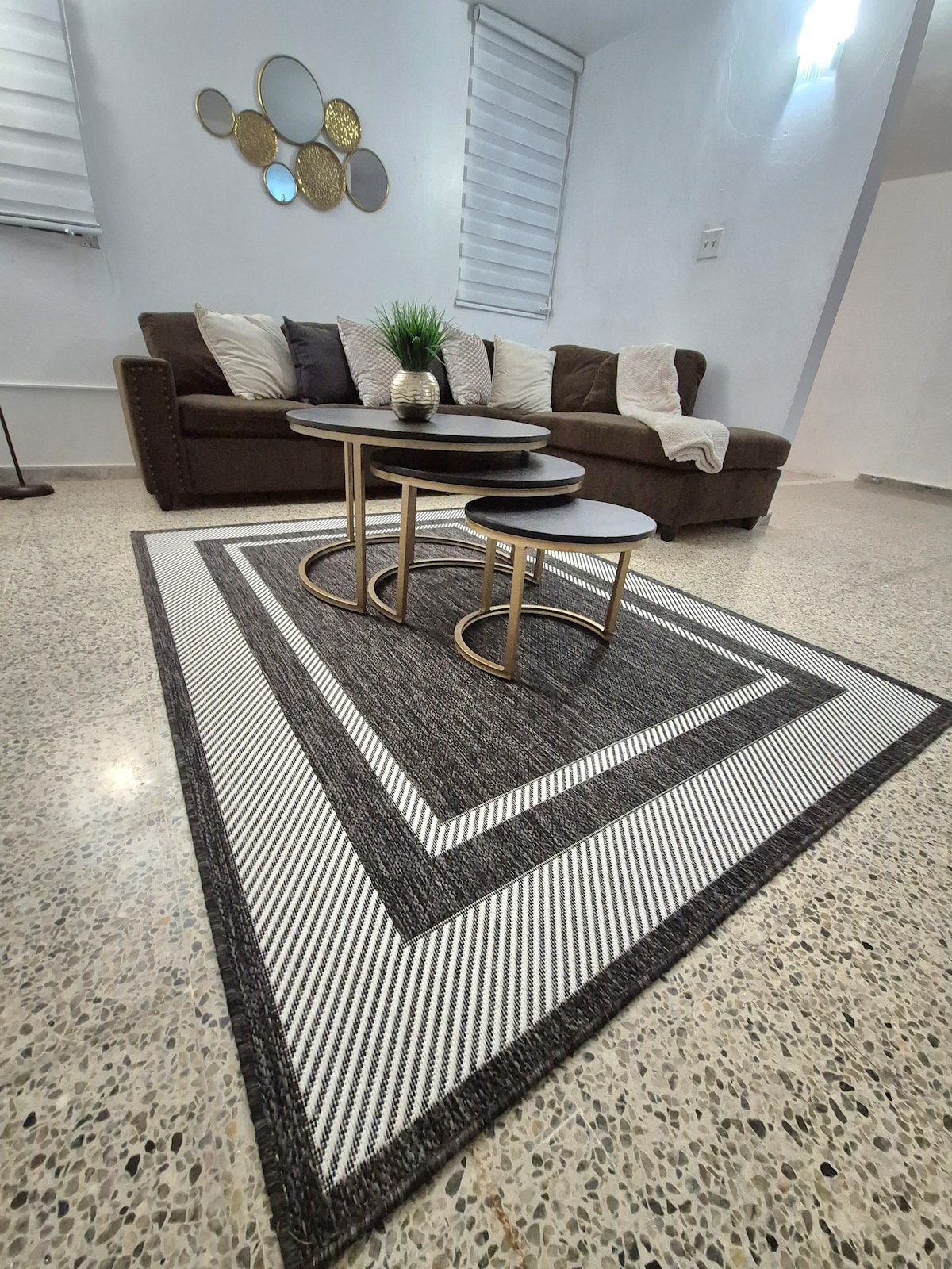A comfortable living area features a dark brown sofa adorned with a light throw blanket. A set of round coffee tables with sleek black tops and gold bases is positioned centrally atop a patterned area rug. Natural light enters through two partially covered windows.