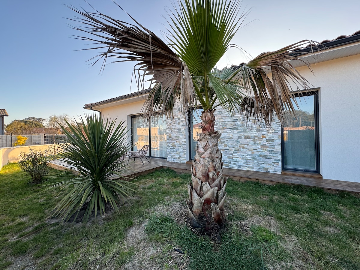 Two palm trees are featured in the foreground, next to a landscaped area. The house's exterior is decorated with stone cladding and large glass doors, allowing for indoor-outdoor flow. A grassy expanse surrounds the property, enhancing the outdoor environment.