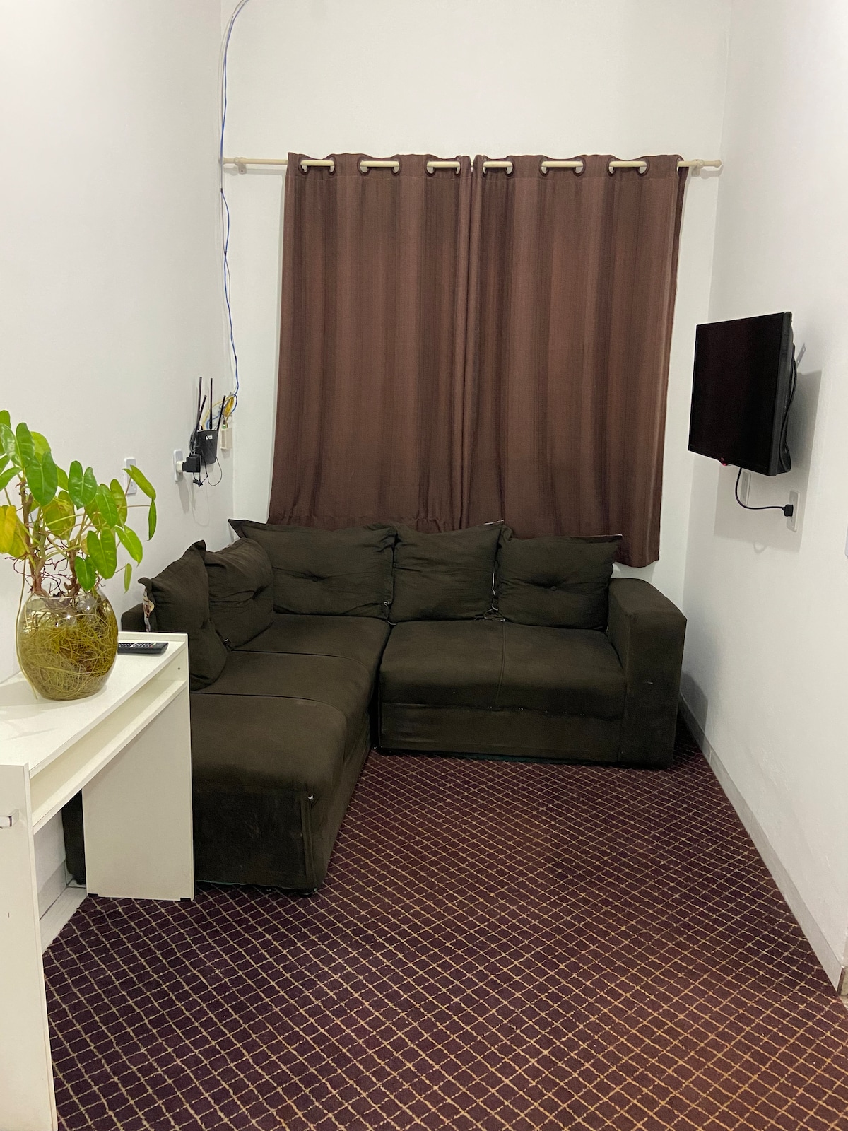A compact living space features a dark brown sectional sofa positioned against a wall. A small desk stands nearby, while a wall-mounted television is visible. Dark brown curtains cover the window, and a plant is displayed on the desk, adding a natural element to the room.