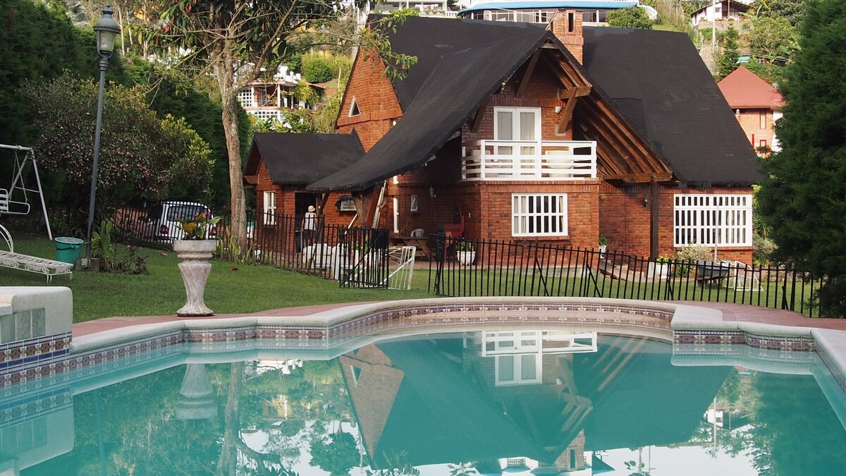 A pool reflects the charm of a brick house with a black roof, surrounded by a well-maintained lawn and tall trees. The house features large windows and a balcony, providing outdoor seating options for relaxation. Nearby, a swing set enhances the outdoor ambiance.
