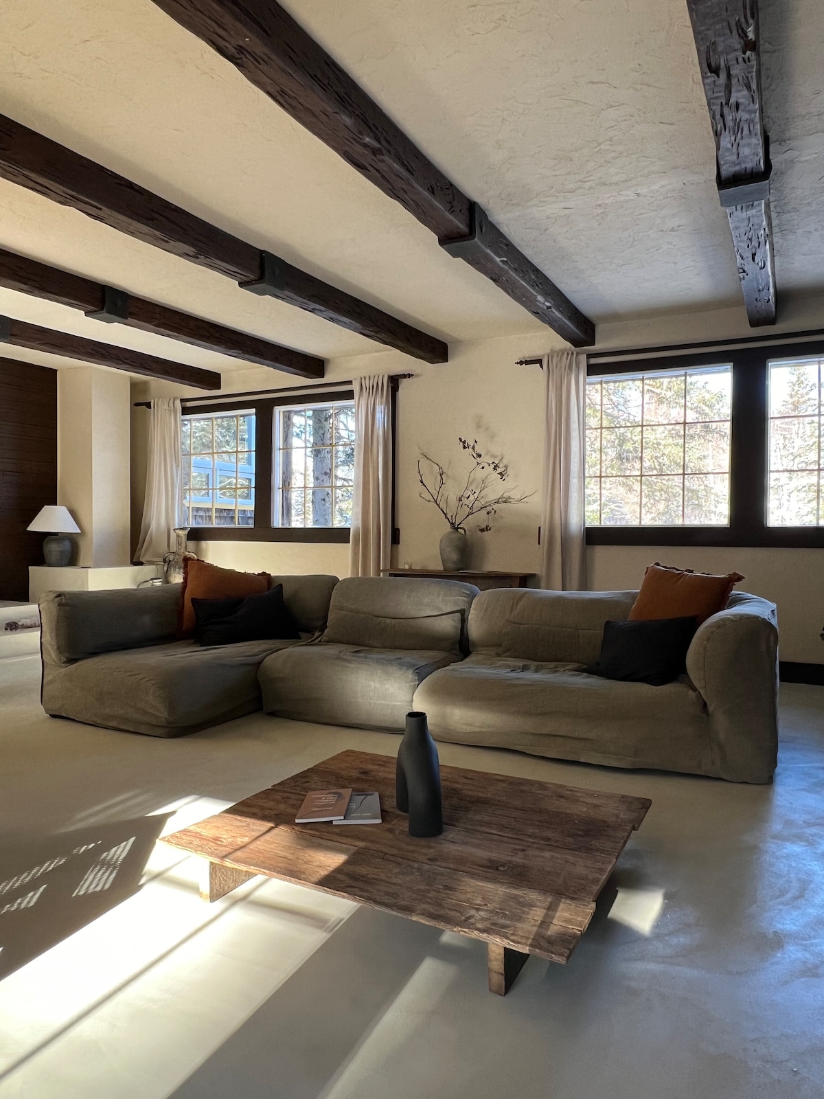 A spacious living area is highlighted by exposed wooden beams and large windows that allow natural light to fill the room. A comfortable sofa with contrasting cushions is positioned around a rustic wooden coffee table, creating an inviting space for relaxation.