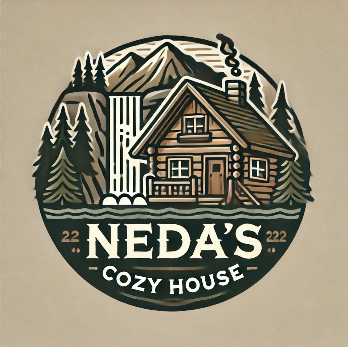 The image features a stylized illustration of a cabin named 'Neda's Cozy House'. Surrounded by mountains and trees, a waterfall flows nearby, while smoke rises from the chimney. The cabin is portrayed in warm tones, emphasizing a welcoming and rustic aesthetic.