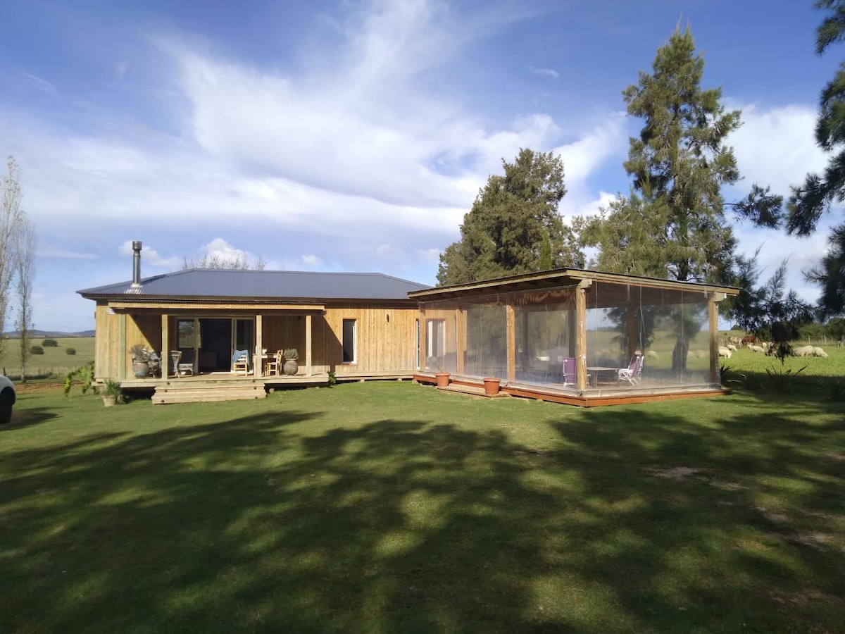 A charming wooden home is surrounded by expansive green grass and trees. The structure features a spacious deck with seating, and a separate screened area designed for outdoor relaxation. The sky is clear, showcasing a pleasant ambiance.