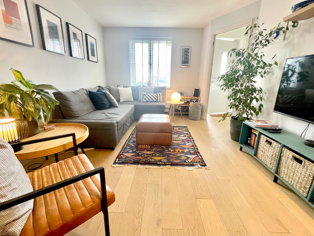 The living room features a comfortable corner sofa, a coffee table, and a small potted plant. A patterned rug is laid on the wooden floor. Natural light enters through the window, highlighting the decorative art on the walls, and a TV is positioned near a storage unit.