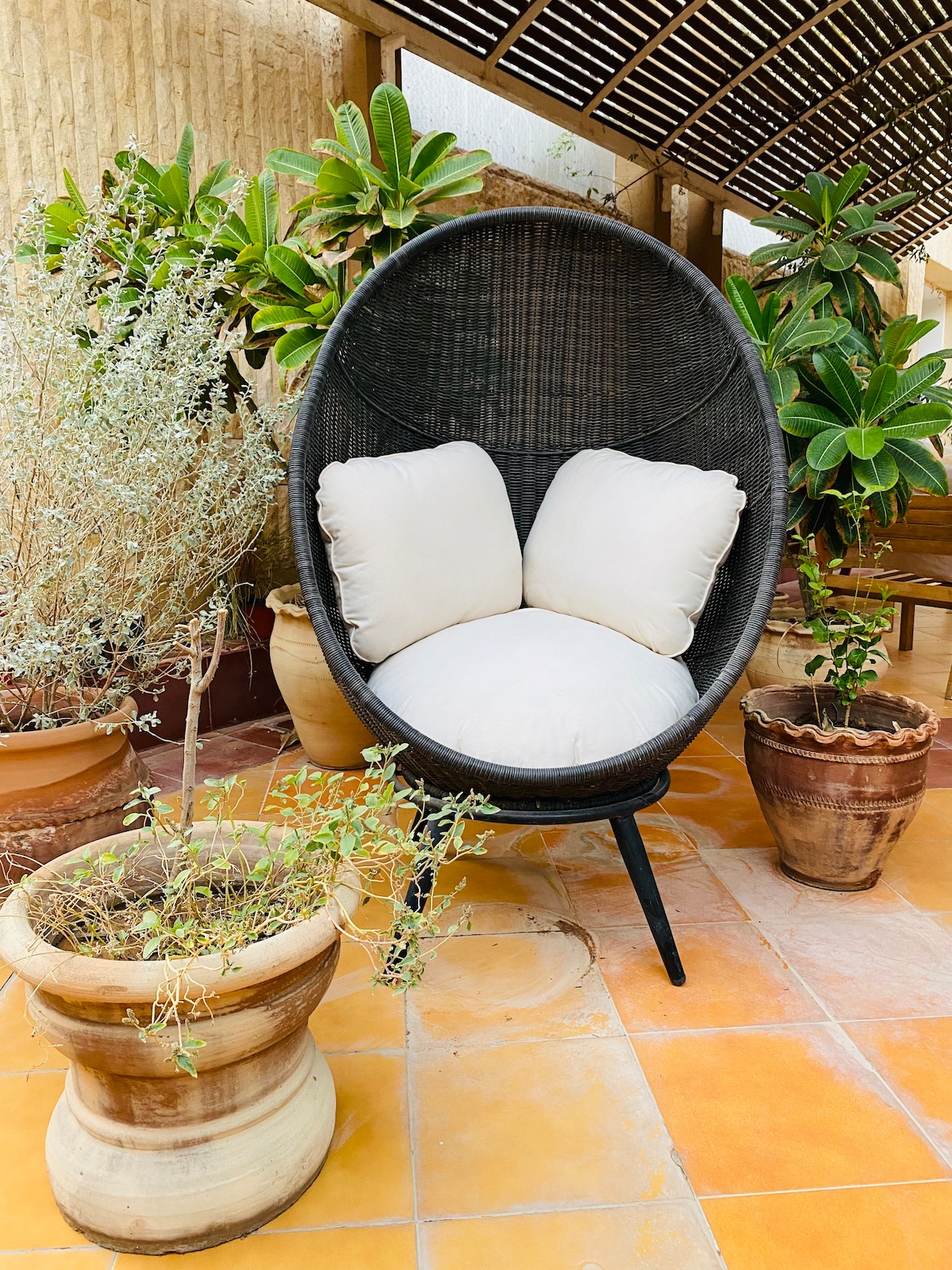 A circular lounge chair with plush white cushions is positioned among potted plants in a courtyard. Various terracotta pots hold greenery, creating a serene outdoor seating area with tiled flooring designed for relaxation.