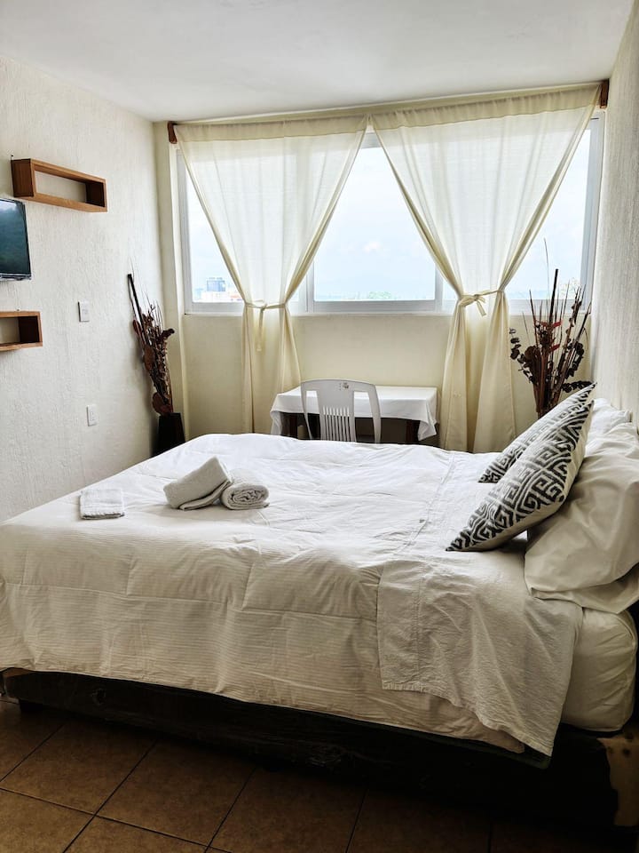 בחדר 202 יש מיטת קווין סייז אחת, חלון, מתלה בגדים עם מדפים וטלוויזיה עם כבלים.