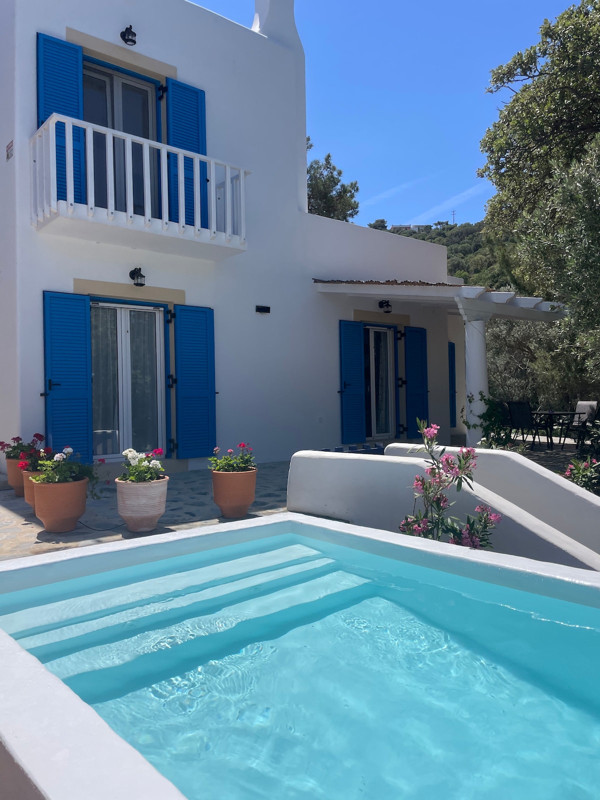 A serene outdoor space features a private, inviting pool surrounded by lush greenery. Colorful flower pots add a touch of vibrancy against the backdrop of a bright white villa with blue shutters. Stairs lead from the pool area to the entrance of the home.