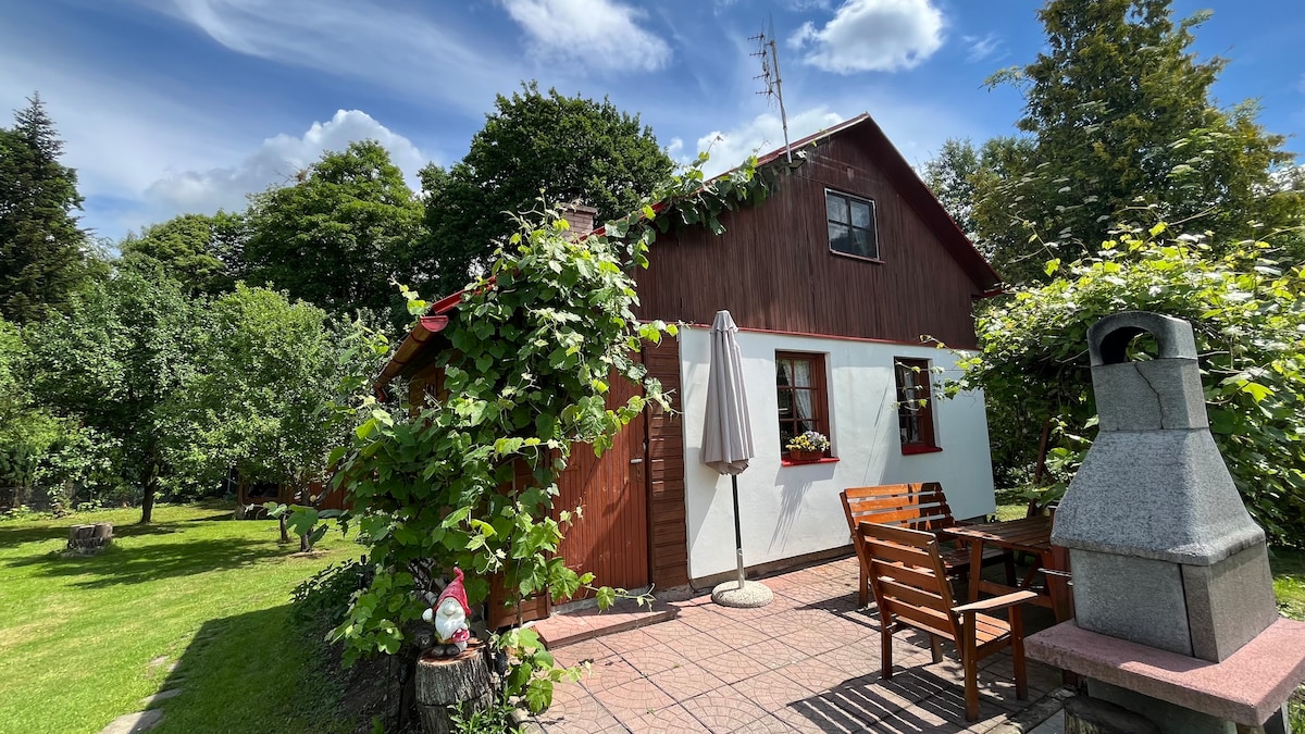A quaint house surrounded by lush greenery is featured, with a patio area showcasing wooden seating and a market umbrella. The garden is dotted with trees and a charming gnome sculpture, creating a serene outdoor setting.