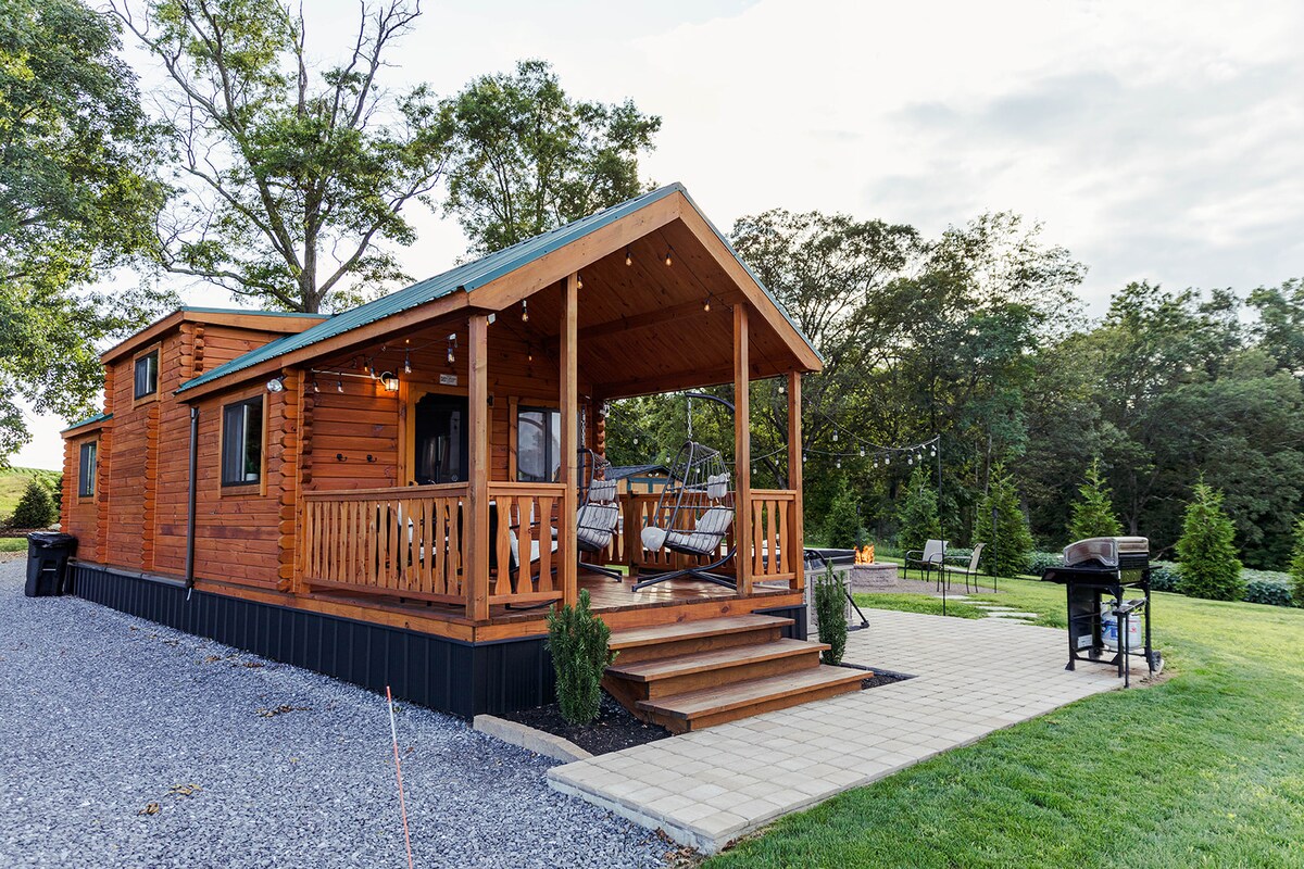 The cozy cabin exterior showcases wooden siding and a welcoming porch. Two hanging egg chairs are suspended from the roof, while a set of steps leads to the entrance. A patio area features outdoor seating and a barbecue grill, with a spacious lawn surrounded by trees.