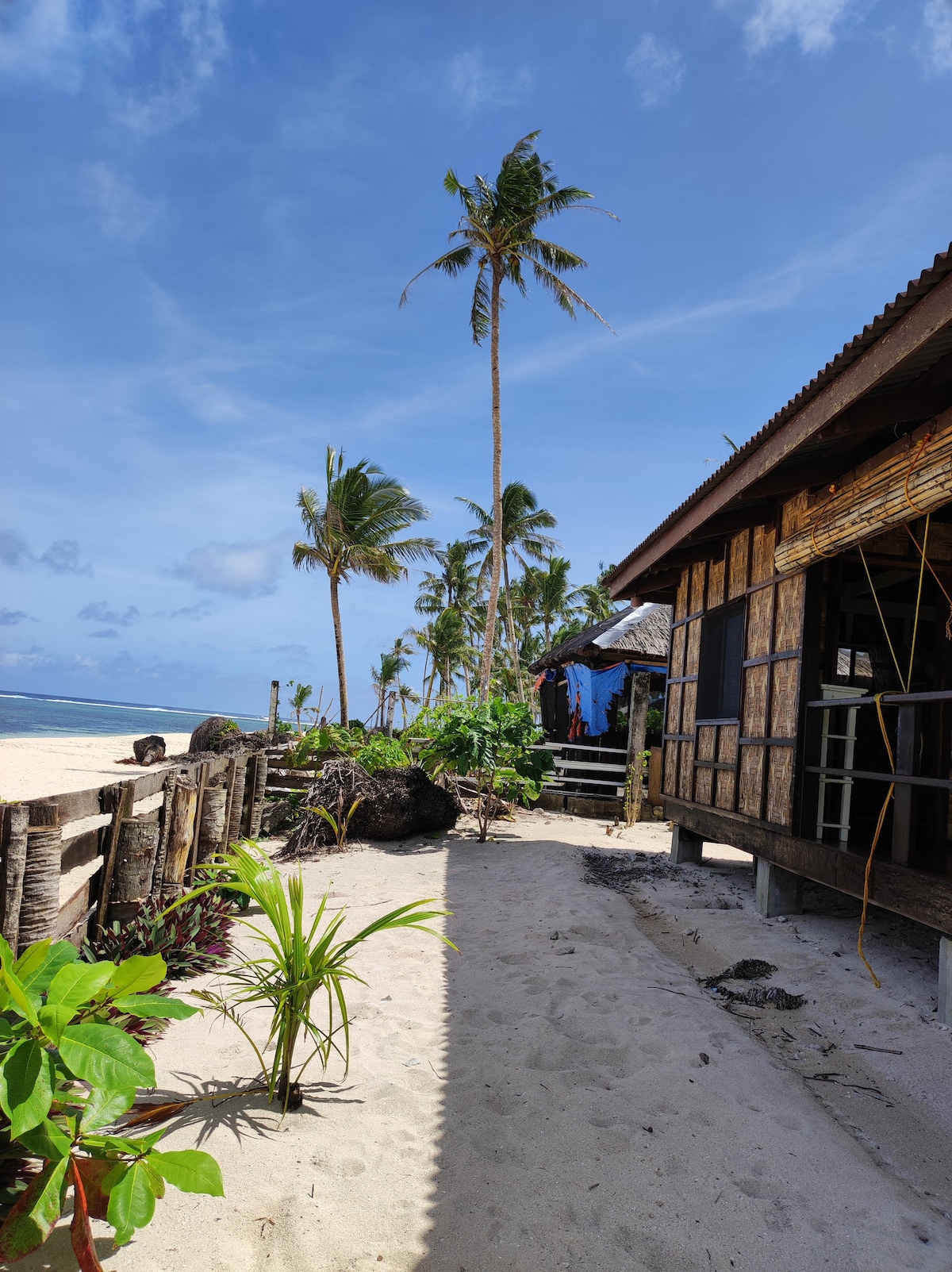A sandy path leads towards a traditional Bahay kubo nestled by the beach, surrounded by lush greenery and palm trees swaying in the breeze. The ocean is visible in the distance, completing a serene coastal environment.