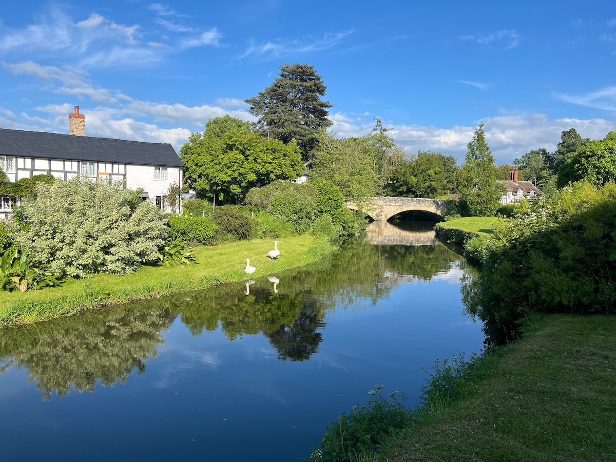 A serene landscape features a gentle river reflecting the sky, with swans gracefully gliding along its surface. A charming stone bridge arches over the water, surrounded by lush greenery and trees, while traditional buildings are visible in the background.