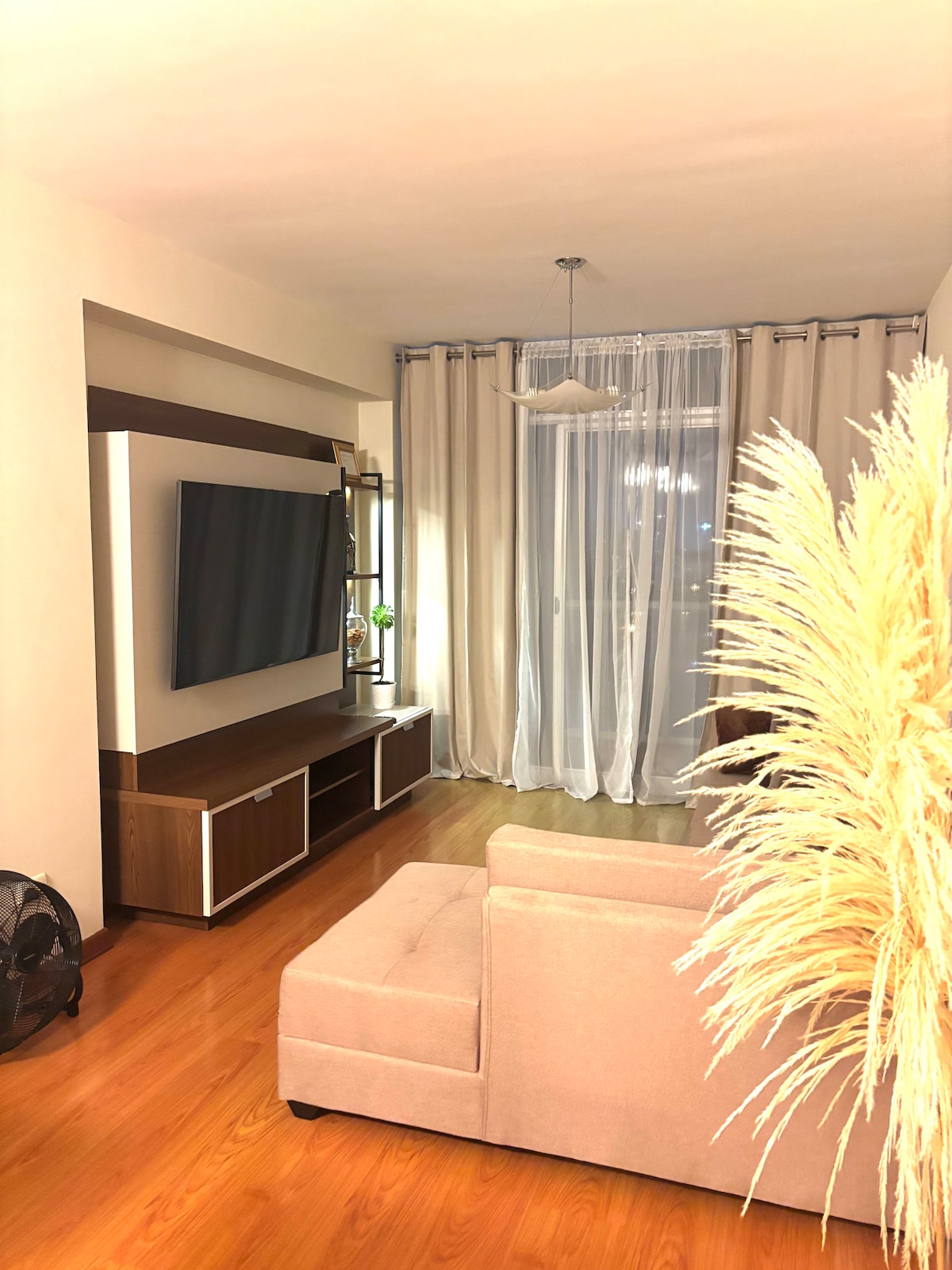A comfortably furnished living area features a large television mounted on a sleek storage unit. Light drapes softly cover large windows, allowing natural light to filter in. A plush sofa is positioned nearby, complemented by a decorative display of dried plants, enhancing the room's serene ambiance.