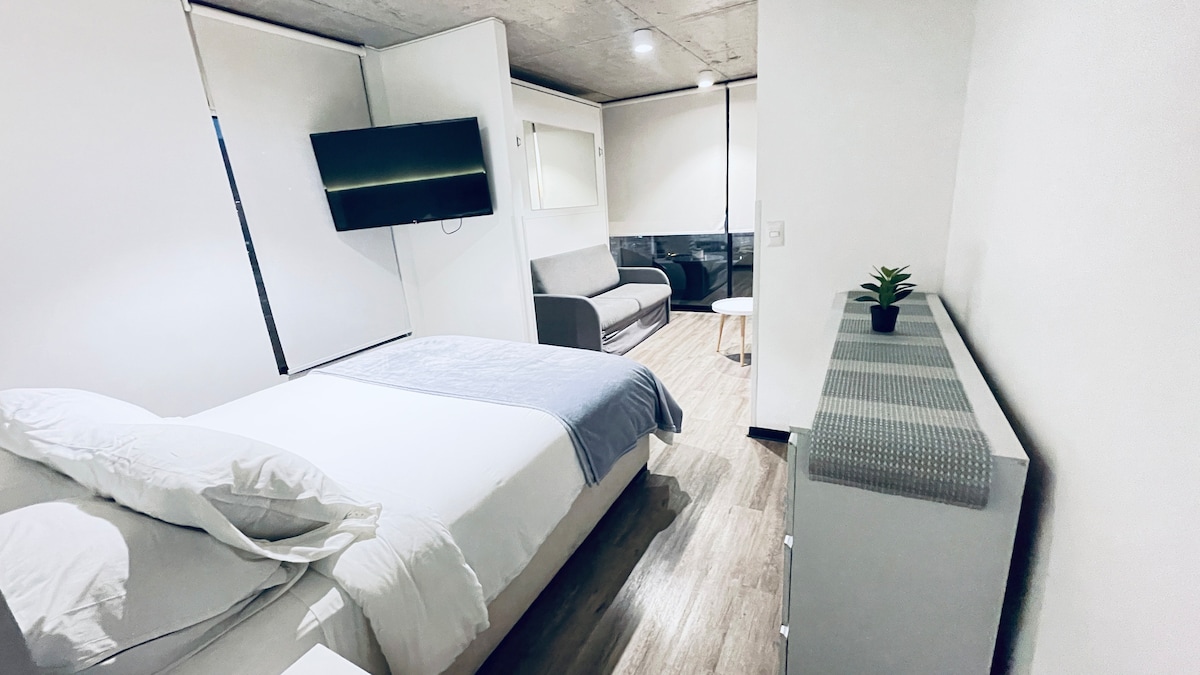 A bright, minimalistic room features a spacious bed with white linens and a light gray throw. A wall-mounted television is visible, alongside a comfortable seating area. Natural light enters through large windows, and a small potted plant adds a touch of greenery.