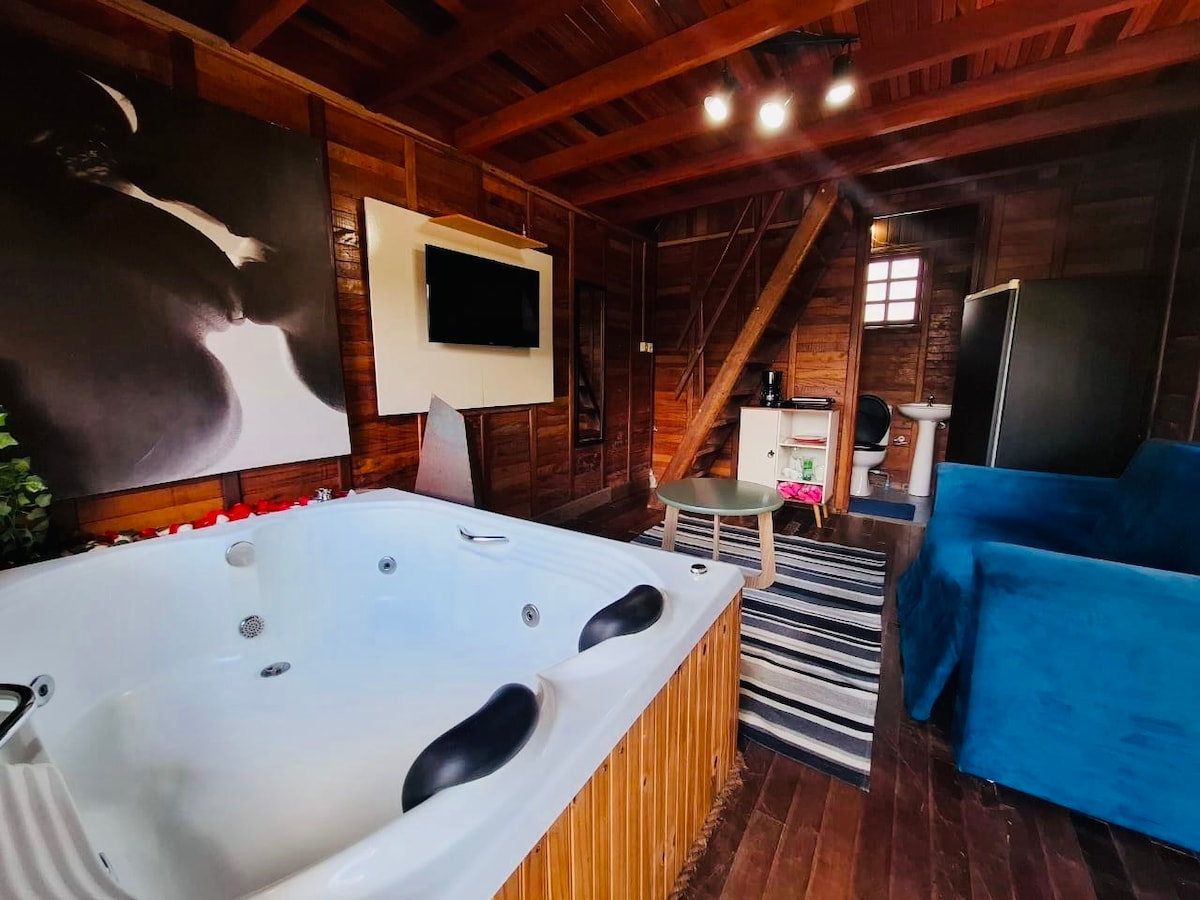 A cozy living space features a large hot tub, surrounded by wooden paneling. A flat-screen television is mounted on the wall, and a kitchenette is visible in the background. A blue sofa and a small coffee table are positioned on a striped rug, enhancing the warm ambiance.