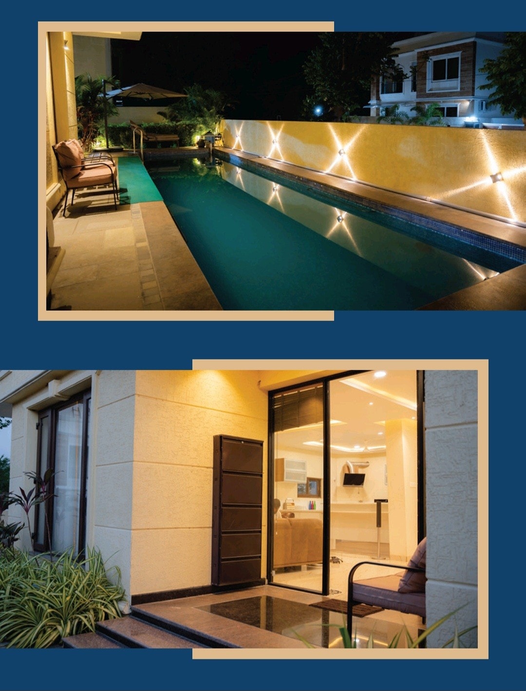 An outdoor area features a quiet pool bordered by soft lighting, creating a serene environment. Nearby, a well-designed entrance showcases clean lines and modern aesthetics, with an inviting seating area that leads into the interior.