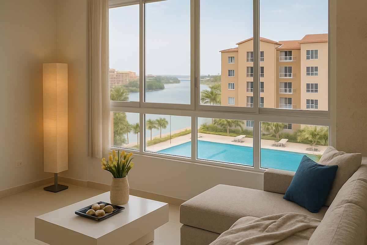 A well-lit living area features large windows offering a view of the swimming pool and canal. A light-colored sofa is complemented by a blue throw pillow. A simple coffee table holds decorative items, while a floor lamp adds soft illumination to the space.