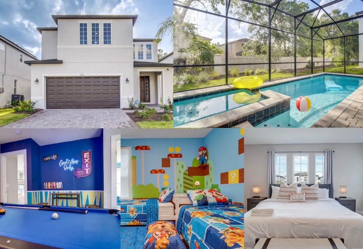 The exterior of the house showcases a modern design with a paved driveway. A screened pool area features a sunny pool with a floating device and beach ball. Inside, a vibrant game room with a pool table, alongside themed children's bedrooms and a neutral-toned master bedroom, is displayed.