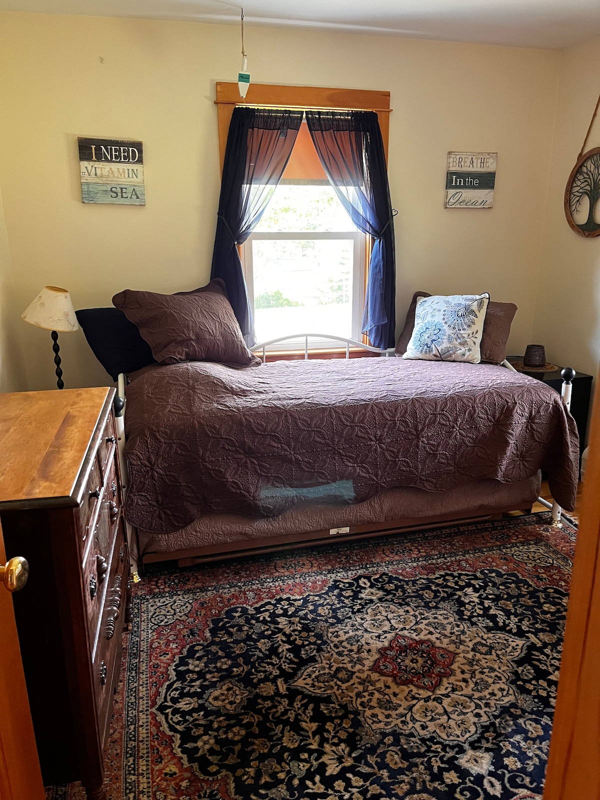 Sofá cama con ruedas, ambos de tamaño doble. Espacio en el armario y vestidor. 