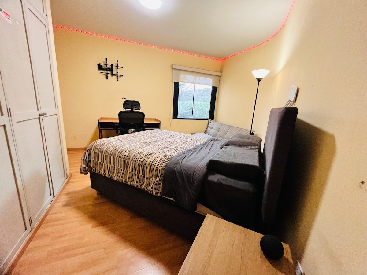 A spacious bedroom features two beds with neutral bedding patterns, a large window allowing natural light, and a work desk with a chair. A lamp stands beside the bed, and a built-in closet offers ample storage.