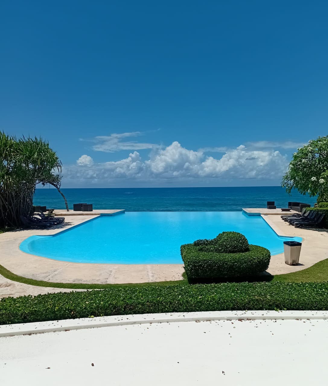An inviting outdoor pool is set against the backdrop of the ocean, with clear blue waters reflecting the sky. Lounge chairs are arranged around the pool area, surrounded by lush greenery and decorative shrubs. The horizon features gentle waves and white clouds.