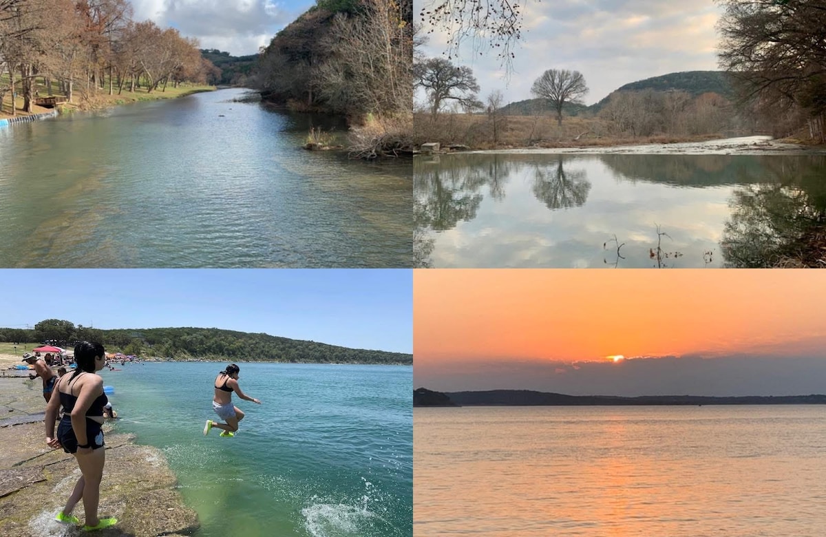 A serene water scene captures the calm surface of the Guadalupe River, framed by trees and hills. The image also displays individuals enjoying a splash into the water, along with a sunset view over a larger lake, showcasing the natural beauty of the area.