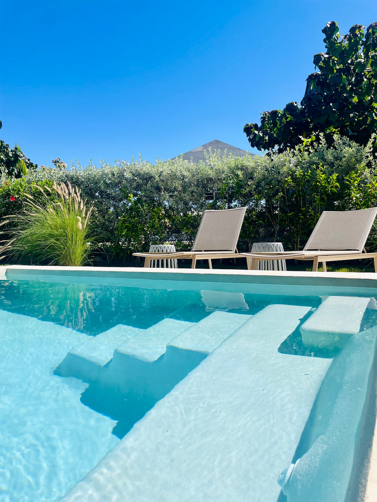 A heated outdoor pool is seen with clear blue water, featuring steps leading into it. In the background, sun loungers are positioned near lush greenery, providing a serene setting under a bright blue sky.