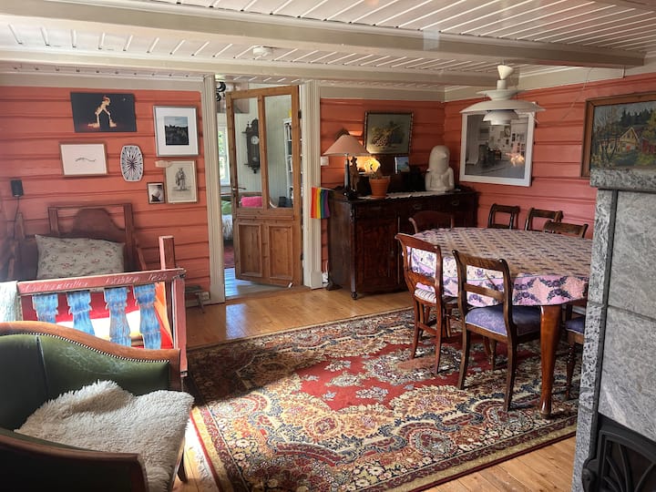 Mesa de comedor y sillas, cama extraíble con dos colchones de gomaespuma, sillón, estufa de leña, vitrina y aparador con contenido privado. Objetos de colección, obras de arte en las paredes. Iluminación sobre la mesa del comedor, en el aparador y junto a la cama. Ventana doble, cortina opaca