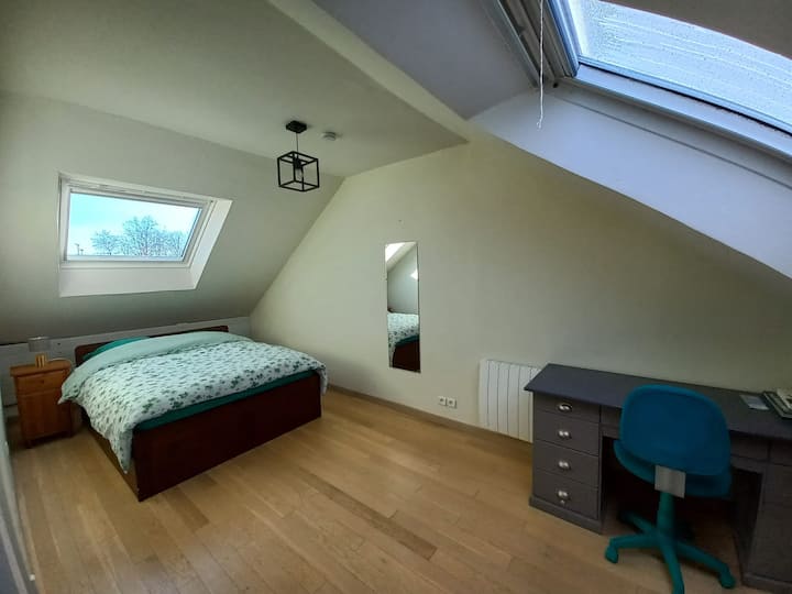 Grande chambre avec beaucoup d'espace Lit de 140 chambre numéro 3 et bureau espace de travail. Deux très grand velux bien lumineux et bonne l aération.
Radiateur électrique indépendant et meuble de rangement plus penderie a disposition.