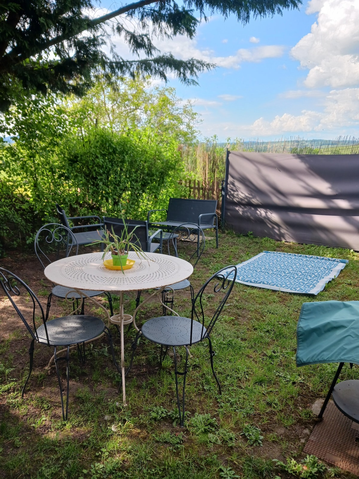 A small outdoor garden area features a round table surrounded by four decorative chairs. A simple blue patterned blanket is laid on the grass, while a few lounge chairs are positioned nearby. Lush greenery borders the space, complemented by a clear sky in the background.